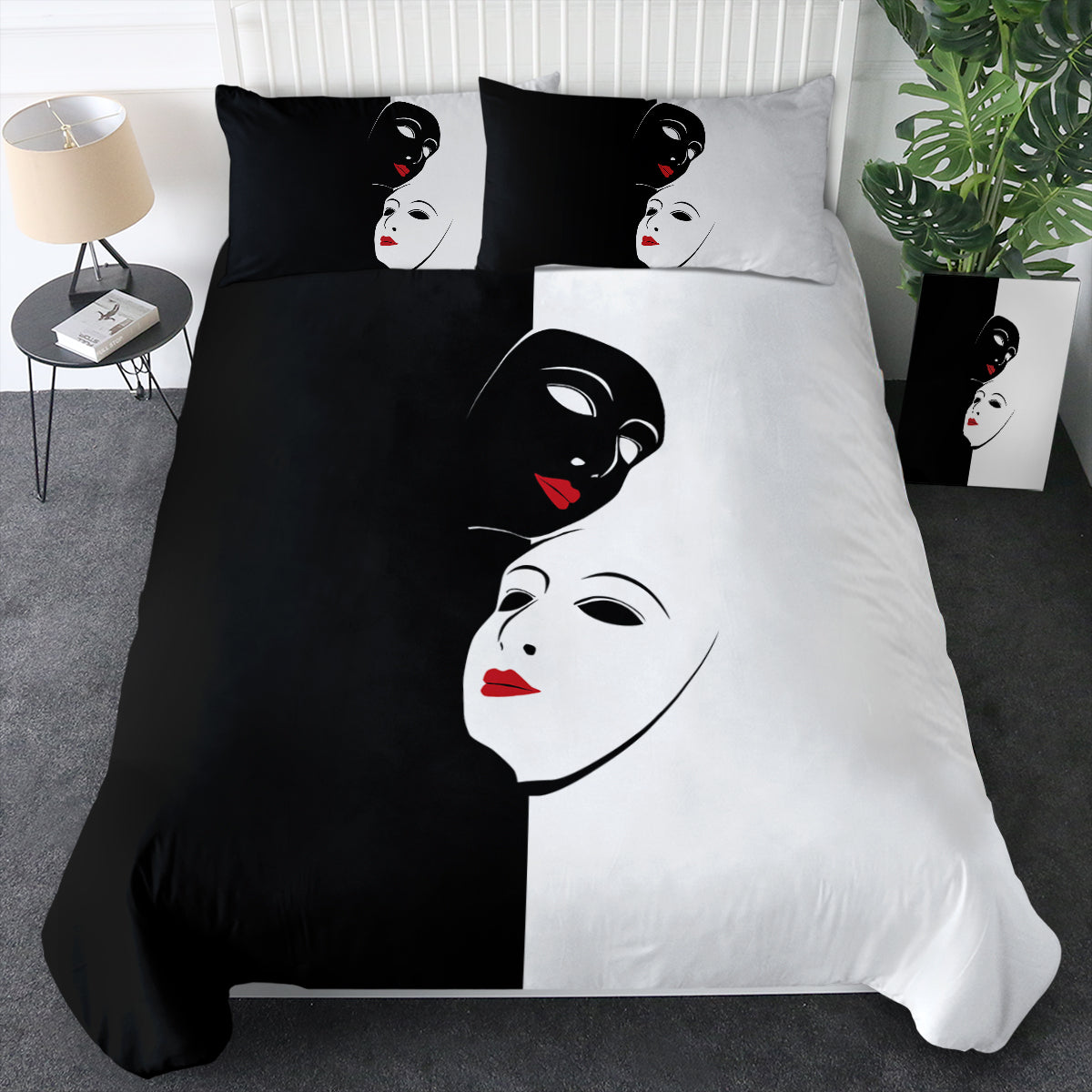 B&W Face Masks Red Lips Bedding Set B&W Face Masks Red Lips Bedding Set