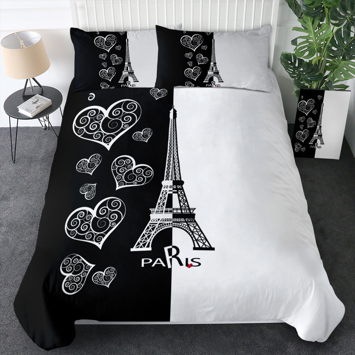 B&W Multi Heart & Eiffel Tower In Paris Bedding Set B&W Multi Heart & Eiffel Tower In Paris Bedding Set