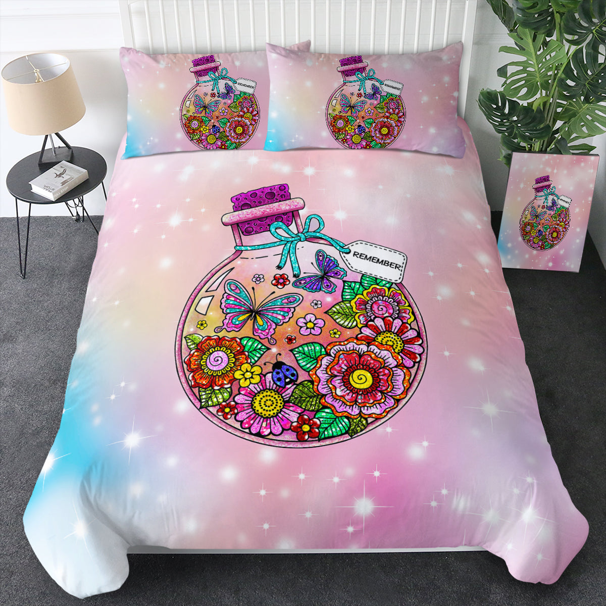 Floral Butterflies Bottle Illustration Pastel Theme Bedding Set Floral Butterflies Bottle Illustration Pastel Theme Bedding Set