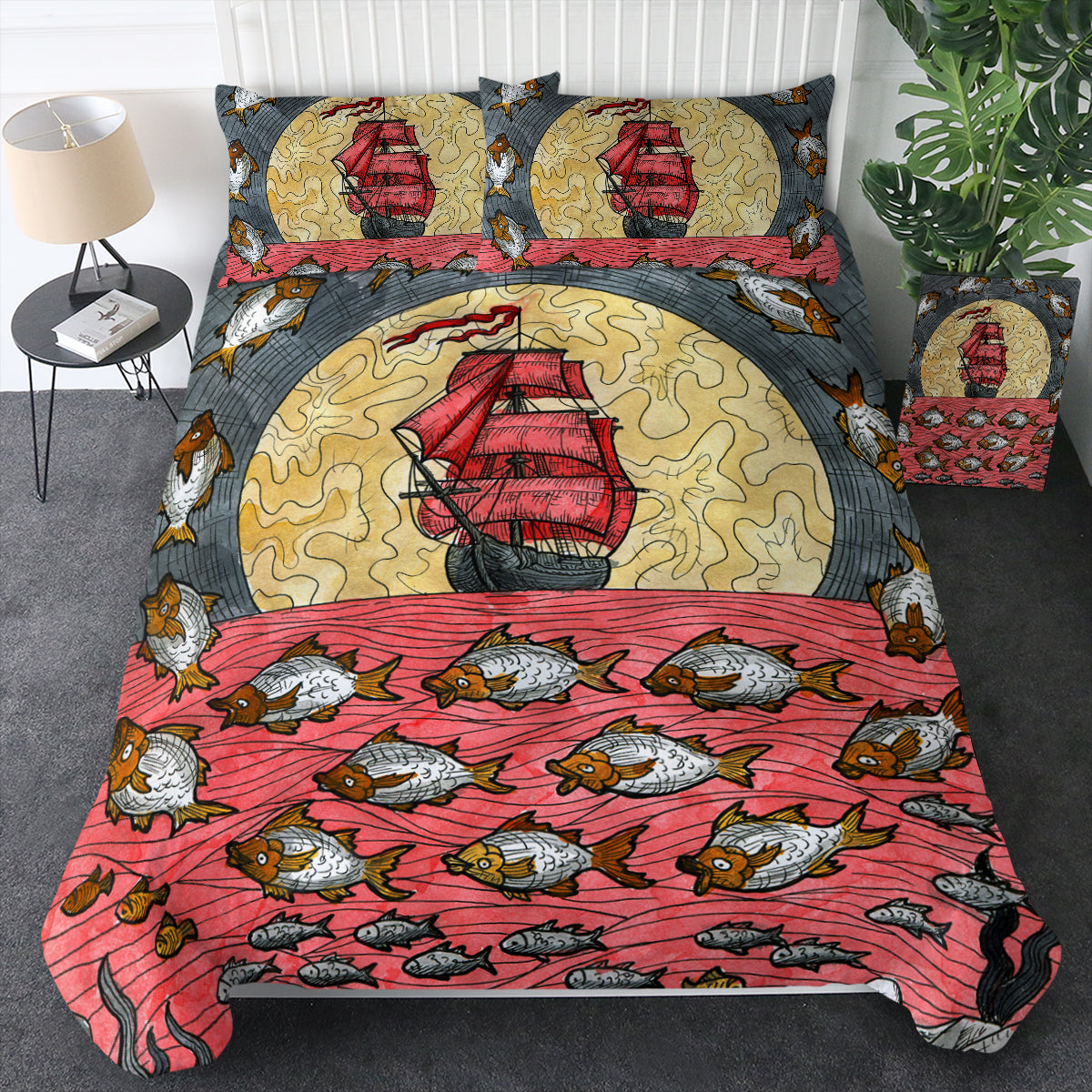 Multi Fishes & Pirate Ship Dark Theme Color Pencil Sketch Bedding Set Multi Fishes & Pirate Ship Dark Theme Color Pencil Sketch Bedding Set