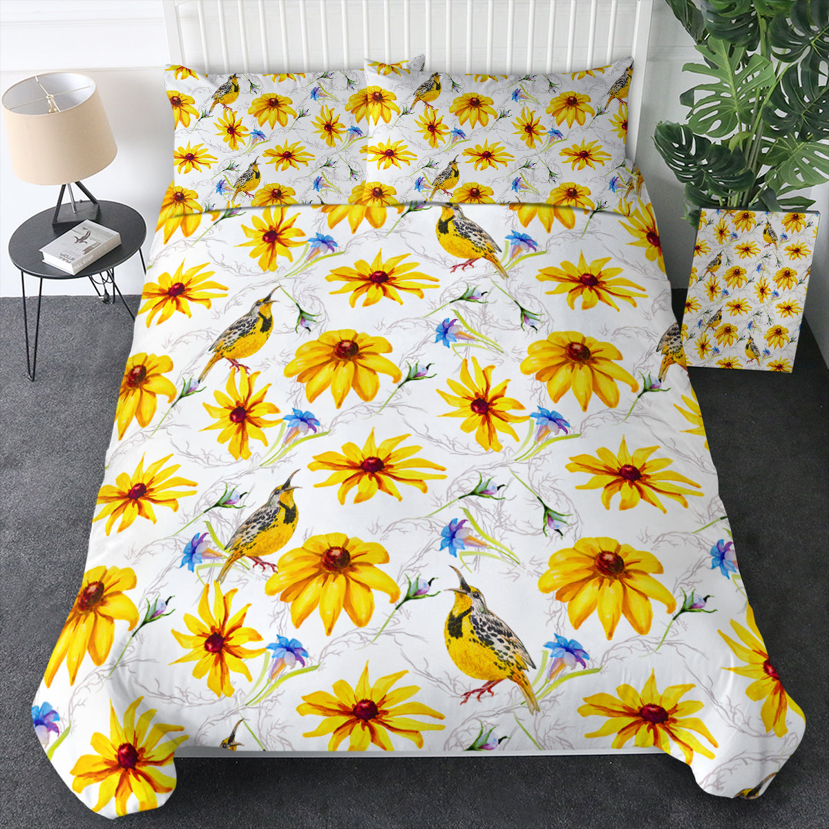 Multi Yellow Aster Flowers & Sunbirds Bedding Set Multi Yellow Aster Flowers & Sunbirds Bedding Set