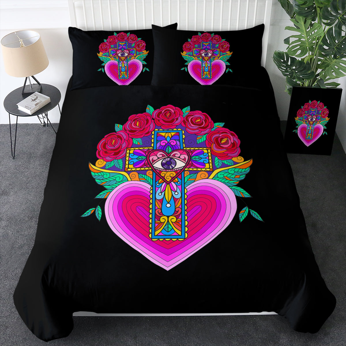 Old School Cross Heart Illustration Pink Color Bedding Set Old School Cross Heart Illustration Pink Color Bedding Set