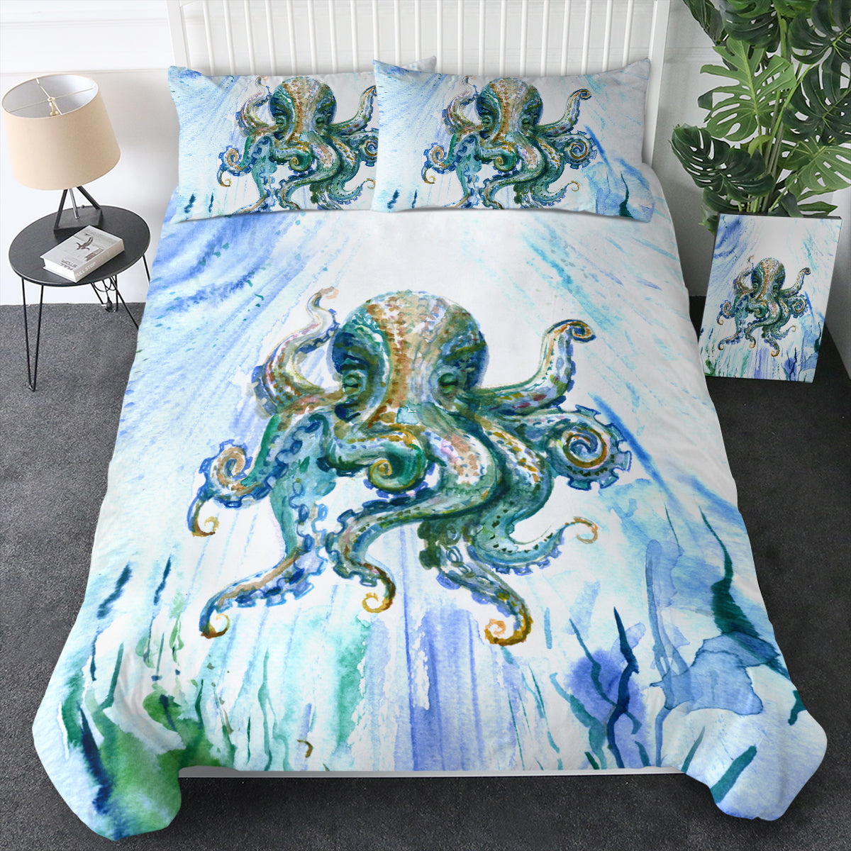 Watercolor Big Octopus Blue & Green Theme Bedding Set Watercolor Big Octopus Blue & Green Theme Bedding Set