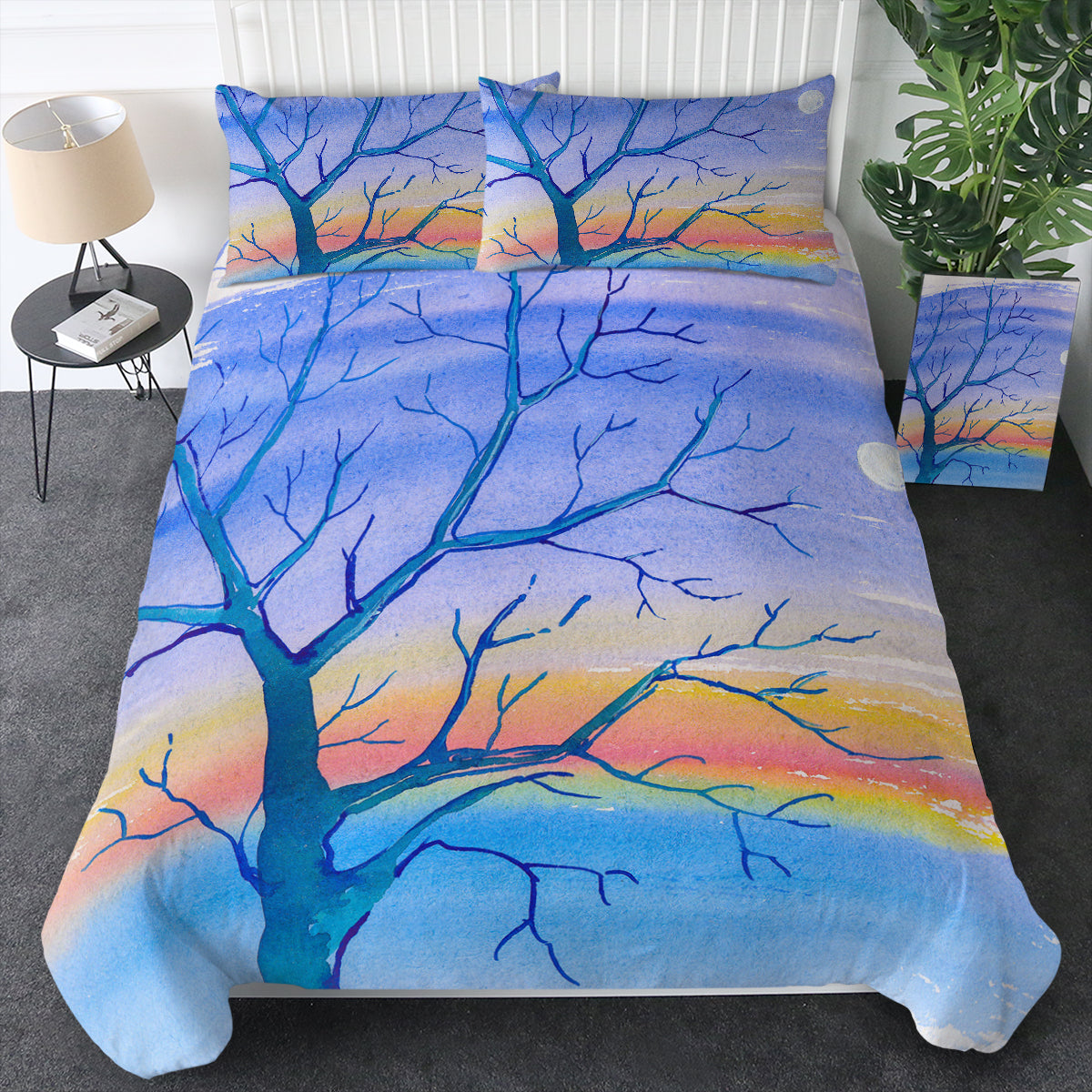 Watercolor Big Tree & Rainbow Blue Theme Bedding Set Watercolor Big Tree & Rainbow Blue Theme Bedding Set