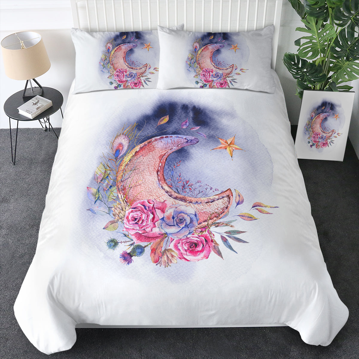 Watercolor Flowers And Moon Bedding Set Watercolor Flowers And Moon Bedding Set